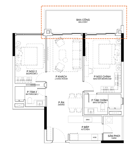 mặt bằng căn 2 Phòng Ngủ Orchard Collection