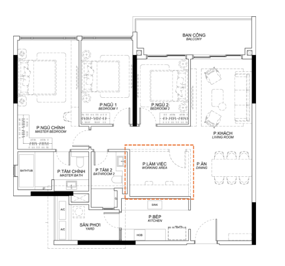 Mặt bằng căn 3 phòng ngủ Orchard Collection